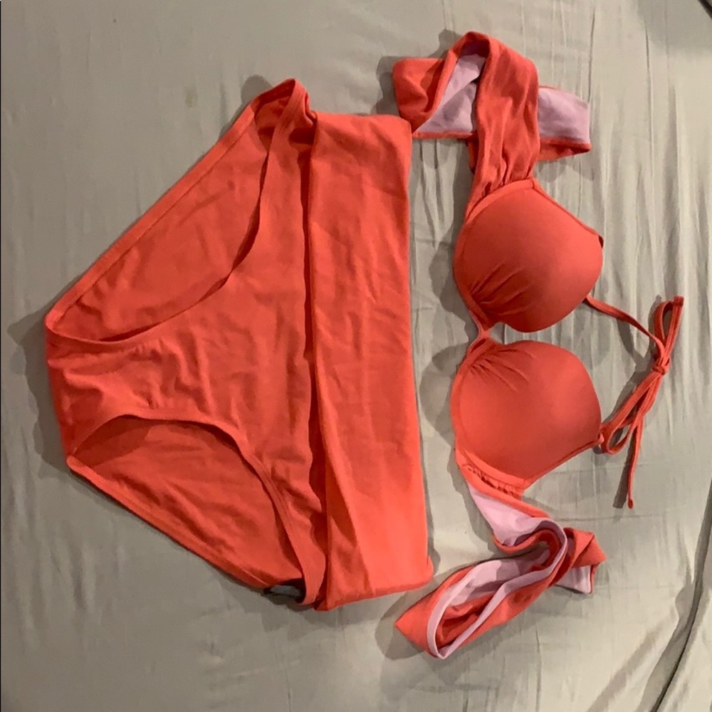 Aerie pink and purple two piece bathing suit.